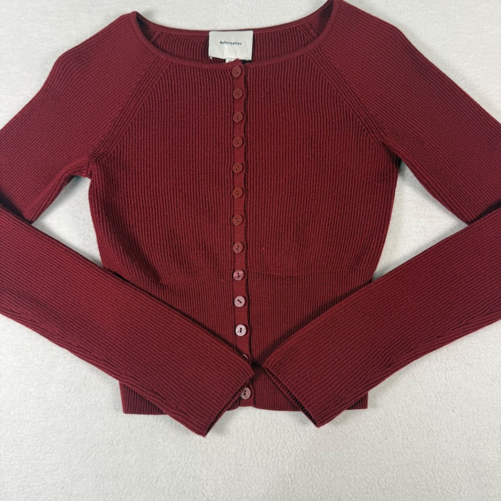 Reformation Cardigan Sweater Womens XS Burgundy Merino Wool Ribbed Quiet Luxury